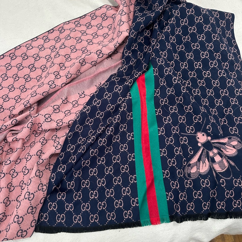 Gucci Pink and Navy GG Scarf with Bee Motif